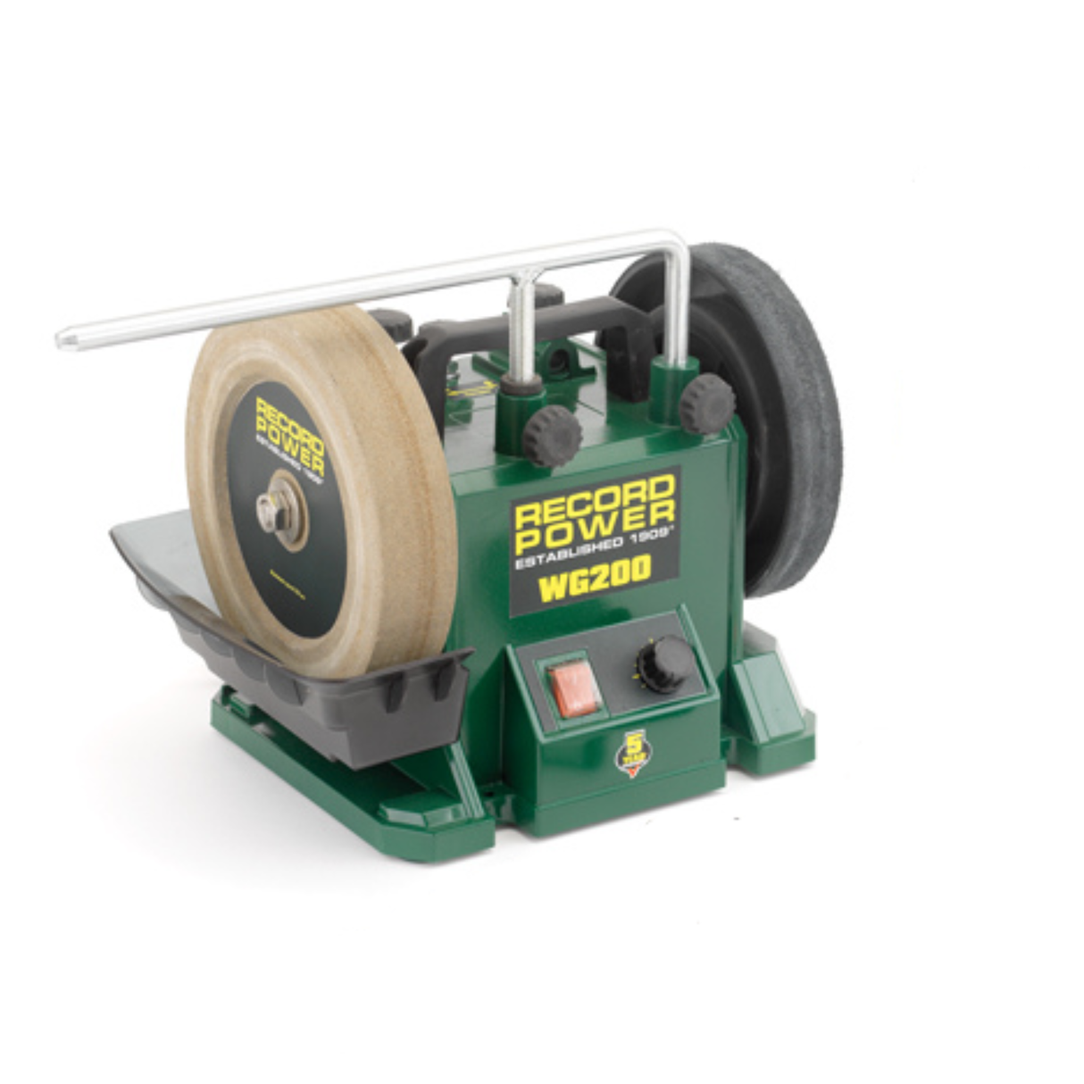 Affilatrice Record Power WG200 con pietra da 200 mm, ruota in cuoio e accessori per affilatura professionale di utensili.