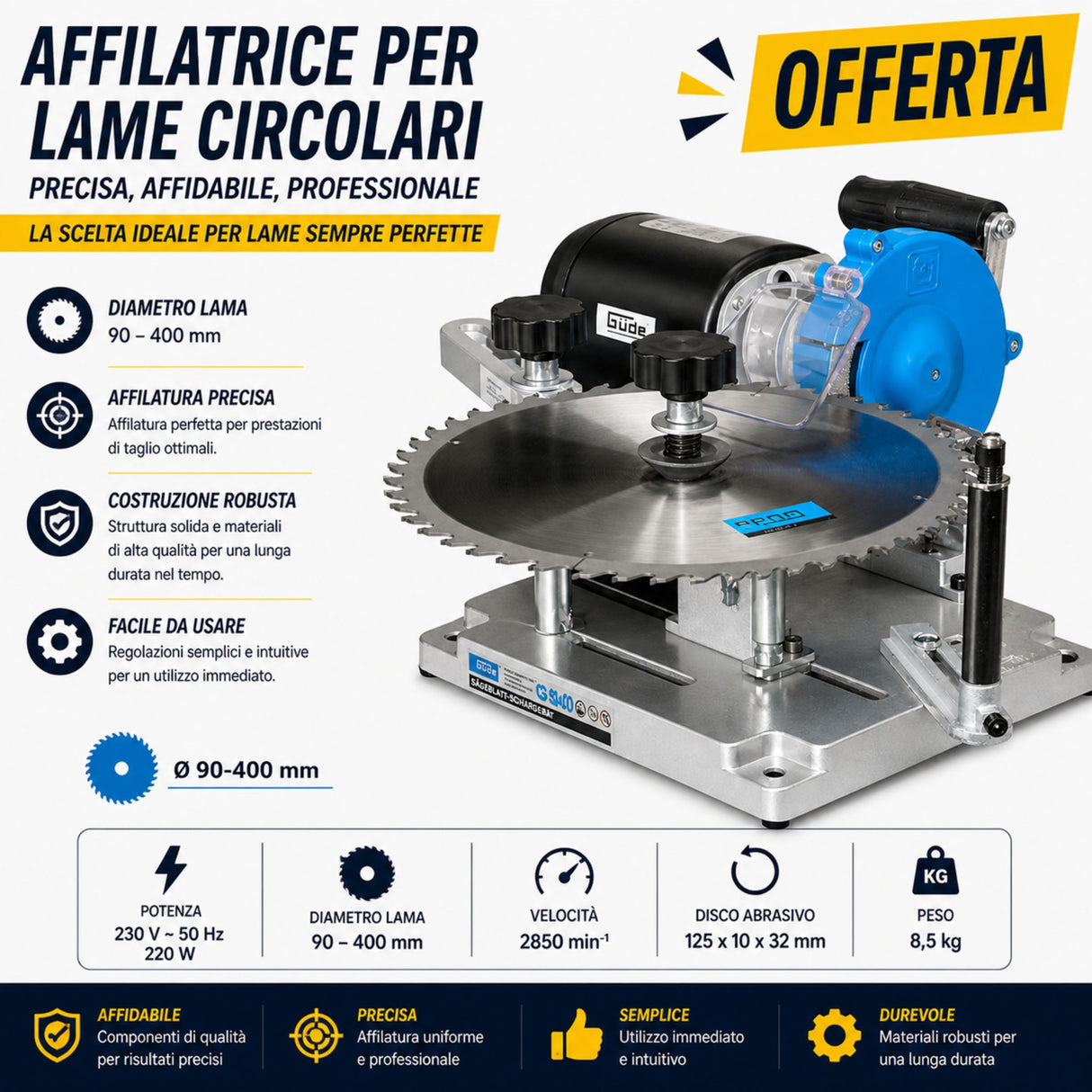 Affilatrice per lame Güde GSS-400, ideale per affilatura precisa di lame circolari con regolazione dell’angolo e funzionamento stabile per uso hobbistico e officina.