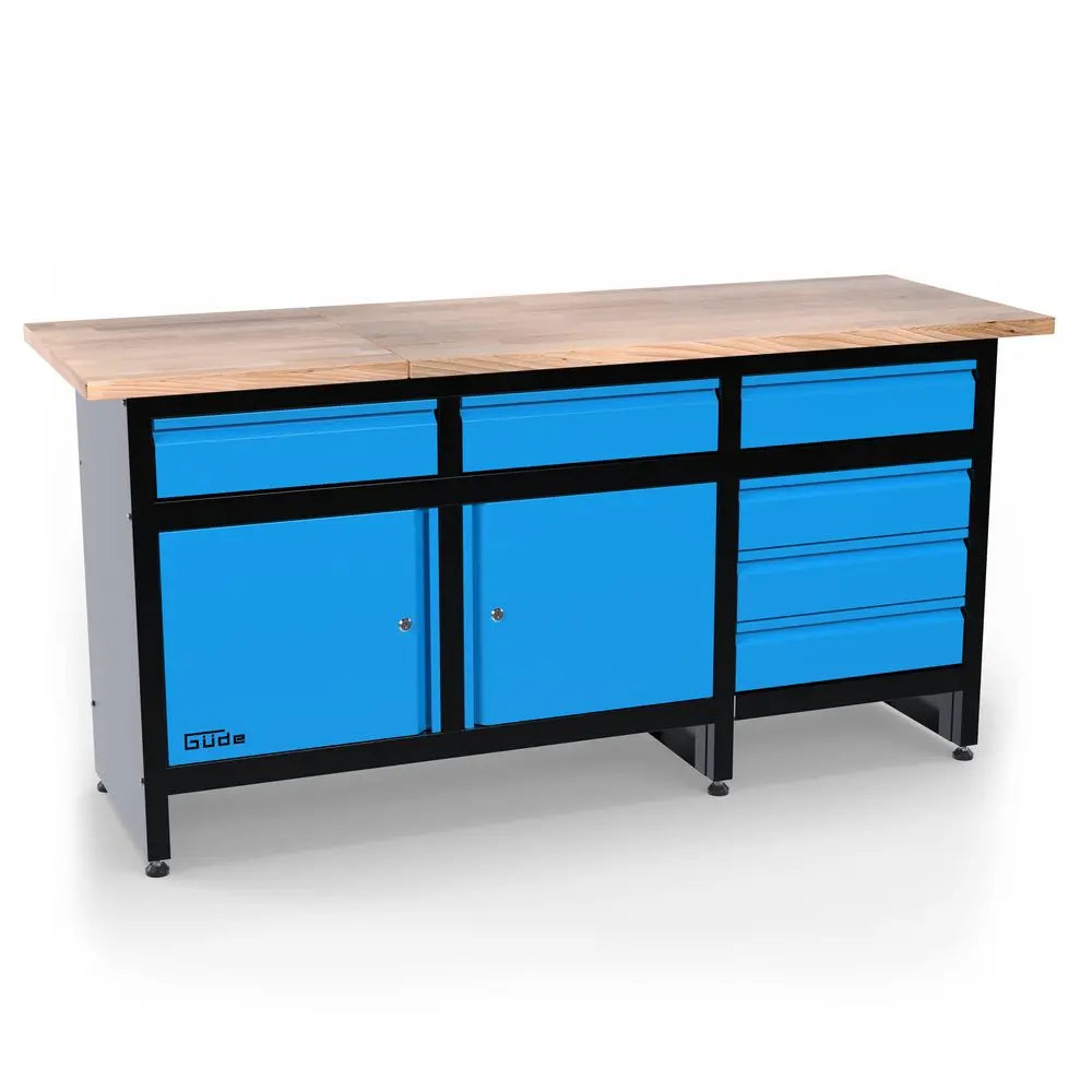 Banco da lavoro Guede GW 6/2 XL con piano in rubberwood da 1709 mm, sei cassetti a estrazione totale, doppia anta con serratura e struttura blu RAL 5015.