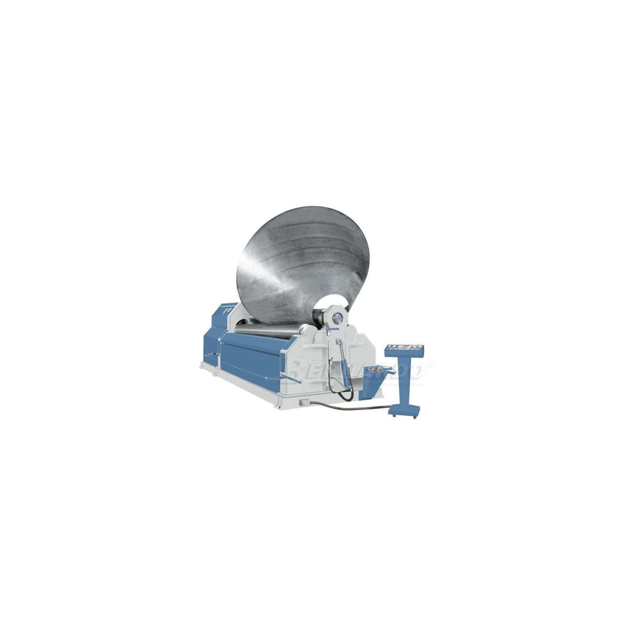 Calandra idraulica Bernardo AHS 4100 – 16,0 a 4 rulli, capacità 20 mm x 4100 mm, con motore da 15 kW e peso di 26 tonnellate.