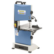 Vista frontale della sega a nastro Bernardo HBS 230 con piano inclinabile, guida parallela montata e struttura compatta per utilizzo hobbistico.
