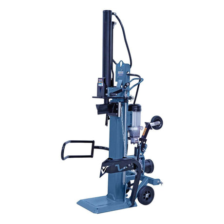 Spaccalegna Bernardo HS 22 ZE, verticale e robusto, con forza di spaccatura 22 tonnellate, motore elettrico trifase 5,1 kW, PTO a cardano, sollevatore di tronchi e carrello di trasporto.