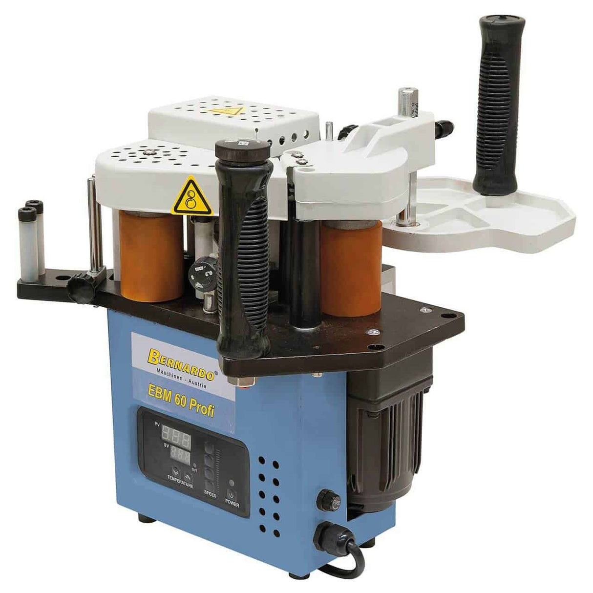 Bordatrice professionale EBM 60 Profi con banco stazionario, temperatura digitale, rifilatore bordo e valigetta trasporto.