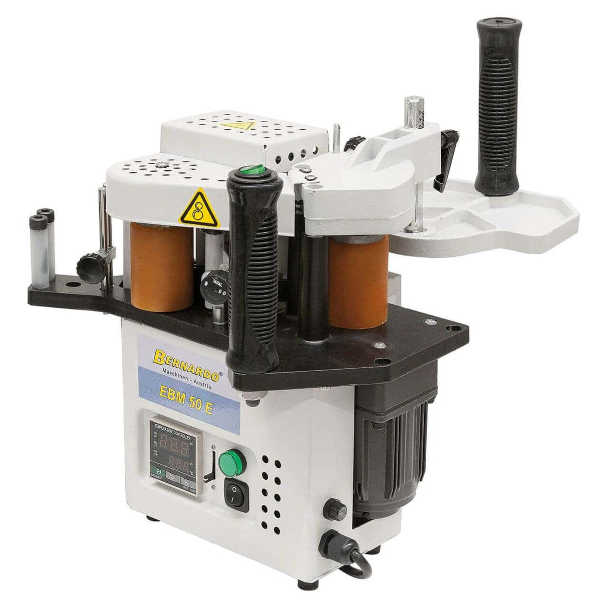 Bordatrice mobile EBM 50 E con banco stazionario, temperatura digitale, rifilatore bordo e valigetta per lavorazioni professionali.