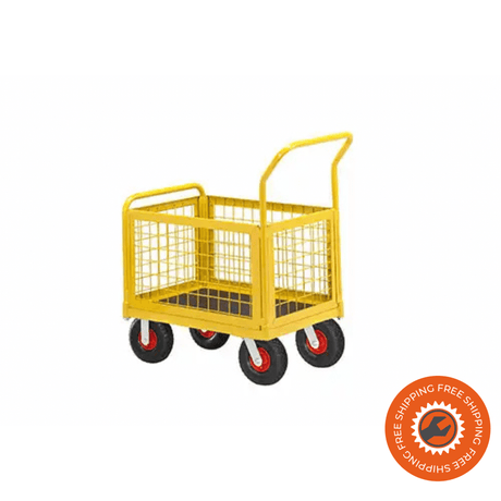 Carrello Ravendo TW 750 L-HMS in acciaio giallo con sponde in rete metallica da 600 mm e ruote pneumatiche Ø3.00 x 4, ideale per trasporti fino a 400 kg.