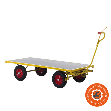 Carrello Ravendo TW 2500 M in acciaio giallo con piano in legno, ruote solide e maniglie rosse, ideale per trasporti industriali fino a 1200 kg.