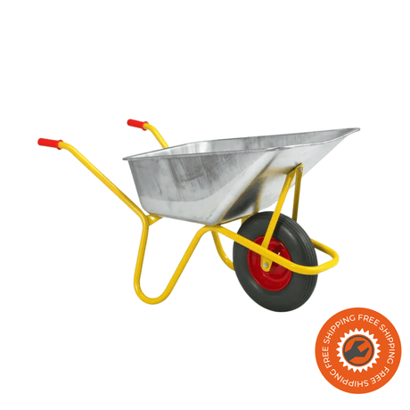 La carriola Ravendo BC 1100 PUR con vasca da 110 litri, struttura tubolare Ø 30 mm e ruota PUR con cerchi in acciaio, progettata per trasportare fino a 125 kg di calcestruzzo e materiali sfusi.