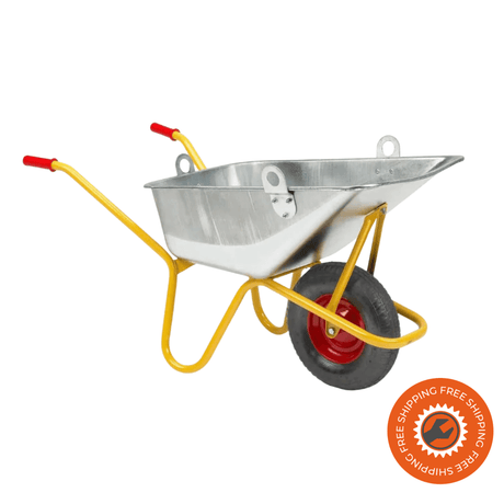 La carriola Ravendo BC 1100 SH PUR con vasca da 110 litri, struttura tubolare da 30 mm e ruota PUR con cerchi in acciaio, ideale per trasporto professionale della malta fino a 250 kg.