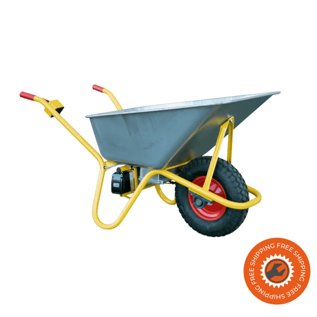 La carriola Ravendo BC 1100 S EL con vasca da 110 litri, ruota pneumatica e struttura in acciaio tubolare Ø 30 mm, rinforzata e stabile, ideale per trasporto di calcestruzzo fino a 250 kg.