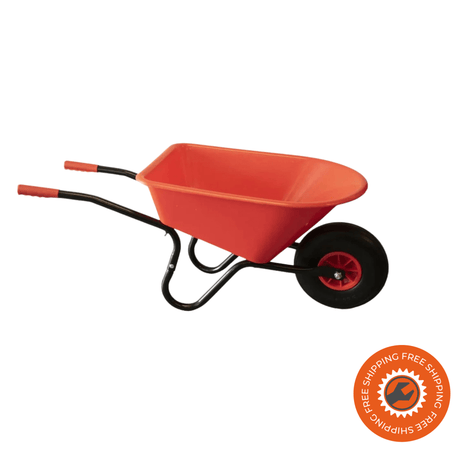 Carriola Ravendo BJ 350 PP PUR rossa con vassoio da 65 litri e ruota anti-foratura, perfetta per giardinieri e hobbisti.