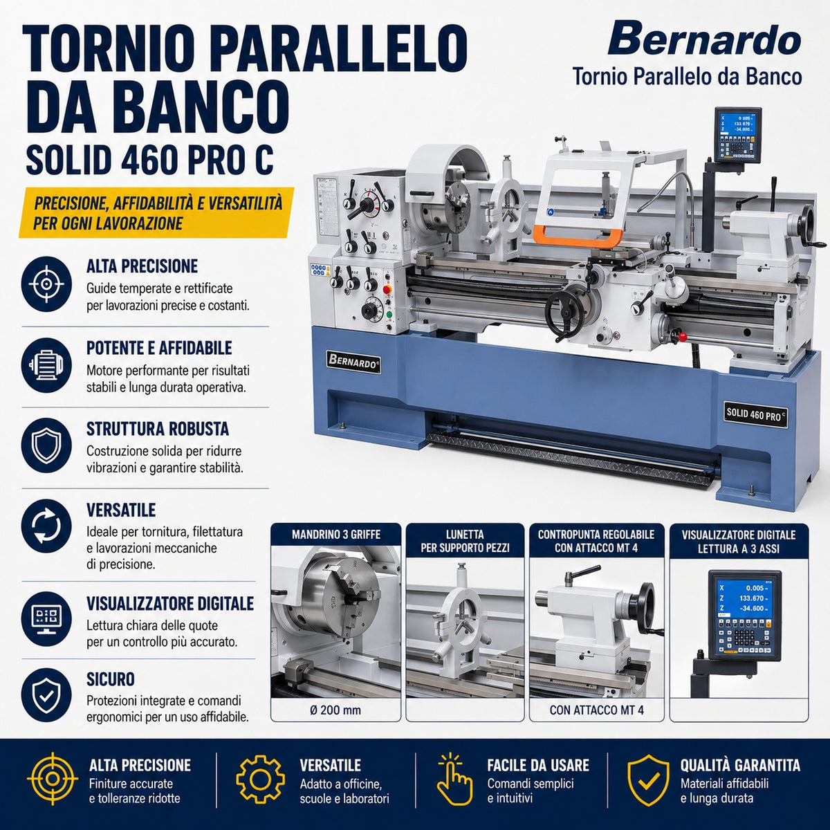 Tornio per metallo Bernardo Solid 460 × 1500 Pro con DRO 3 assi