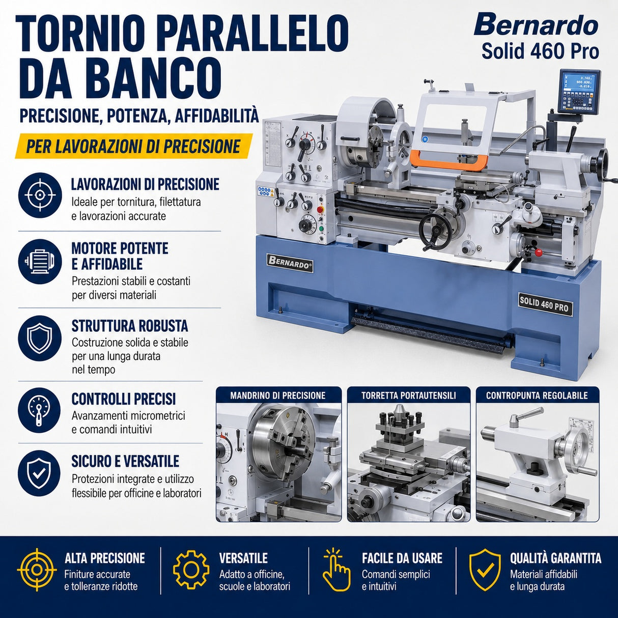 Tornio per metallo Bernardo Solid 460 x 1000 Pro con visualizzatore digitale 3 assi