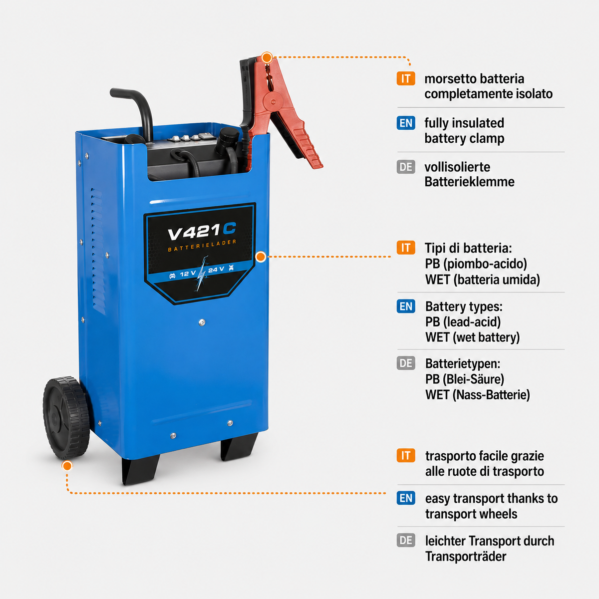 Caricabatterie Güde V 621 C 12/24 V con funzione avviamento