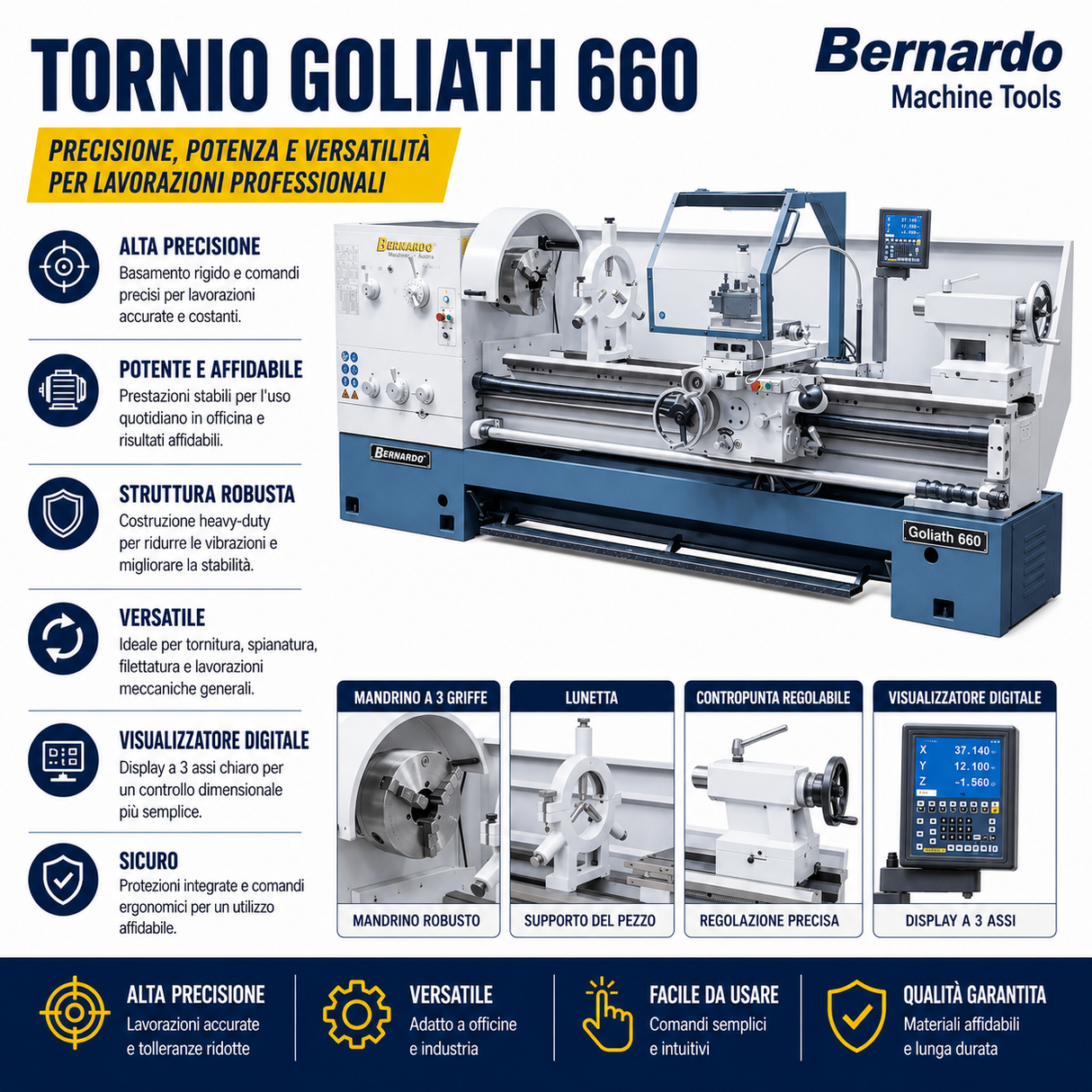 Tornio per metallo Bernardo Goliath 660 x 1000 con DRO digitale 3 assi