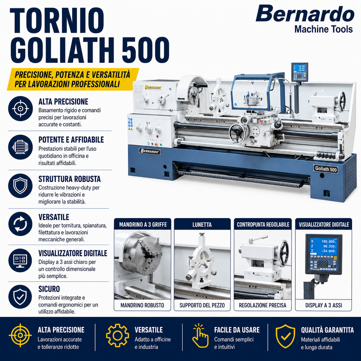 Tornio per metallo Bernardo parallelo Goliath 500 x 3000 con DRO 3 assi