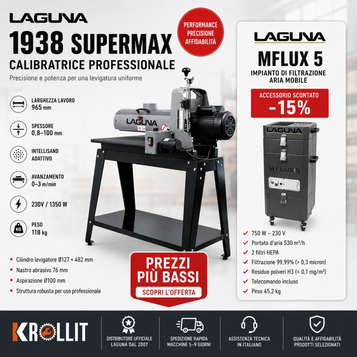 Larghezza 965 mm con Intellisand + Filtrazione HEPA 530 m³/h – Levigatura uniforme e aria salubre integrati