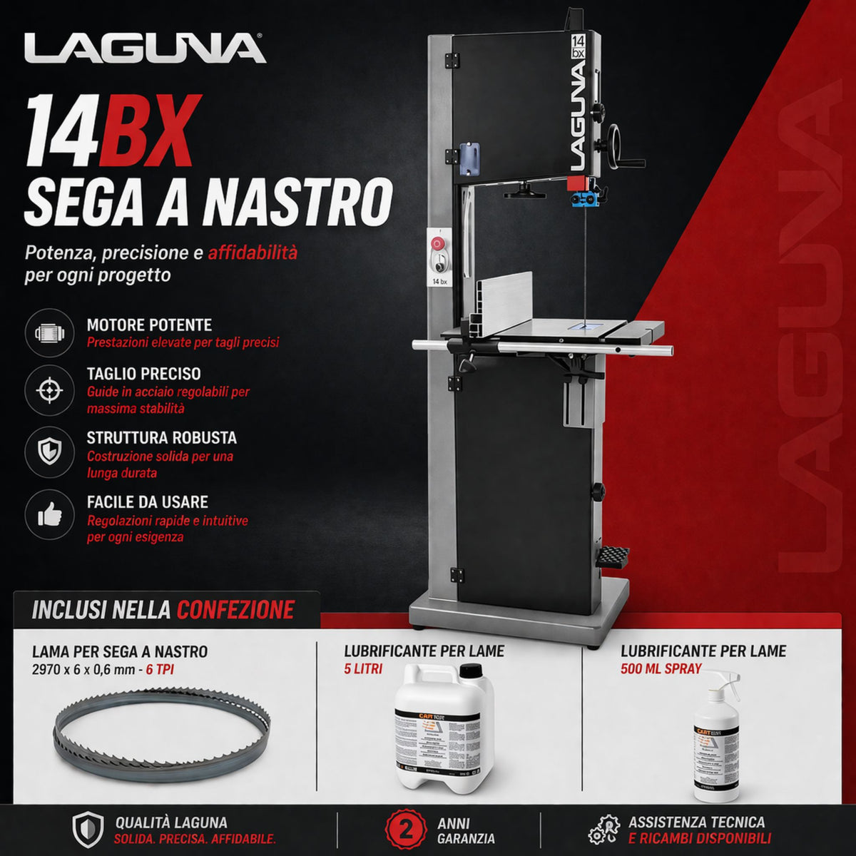 Sega a nastro Laguna 14BX in versione combo, ideale per tagli precisi su legno con elevata stabilità, potenza e prestazioni professionali.