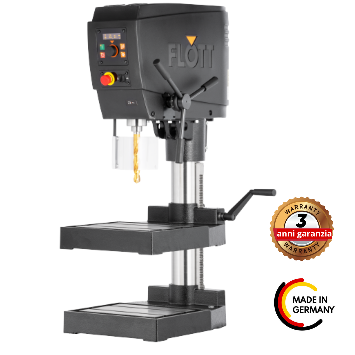 Trapano da banco Flott TB 23 Plus con motore 400V, display OLED, regolazione continua della velocità e robusta colonna da 110 mm.