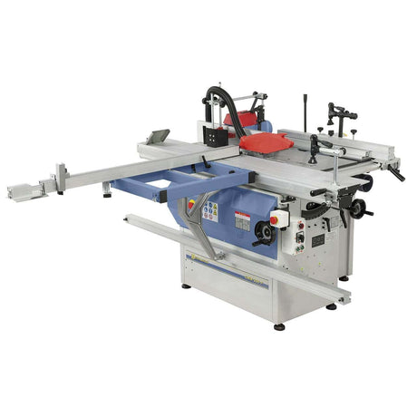 Vista laterale della CWM 260 F con tavola scorrevole in alluminio da 1200 mm, unità cavatrice installata e protezione superiore. Struttura robusta e layout ergonomico per un uso versatile.