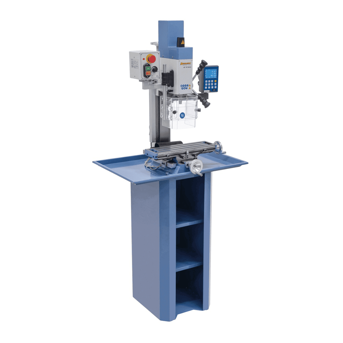 Trapano-fresatrice Bernardo KF 16 Vario con DRO DT 40 a 3 assi – foratura Ø 16 mm, fresa frontale Ø 50 mm, tavola 400 × 120 mm, testa inclinabile -90°/+90°, motore 0,5 kW, 230V monofase, peso 60 kg