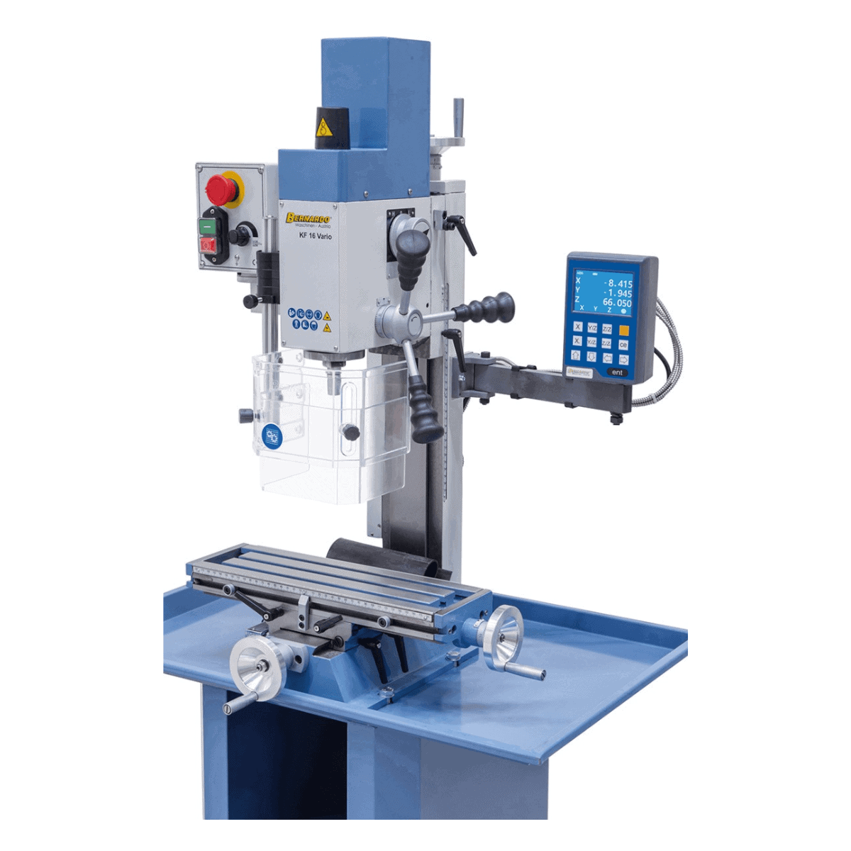 Trapano-fresatrice Bernardo KF 16 Vario con DRO DT 40 a 3 assi – foratura Ø 16 mm, fresa frontale Ø 50 mm, tavola 400 × 120 mm, testa inclinabile -90°/+90°, motore 0,5 kW, 230V monofase, peso 60 kg
