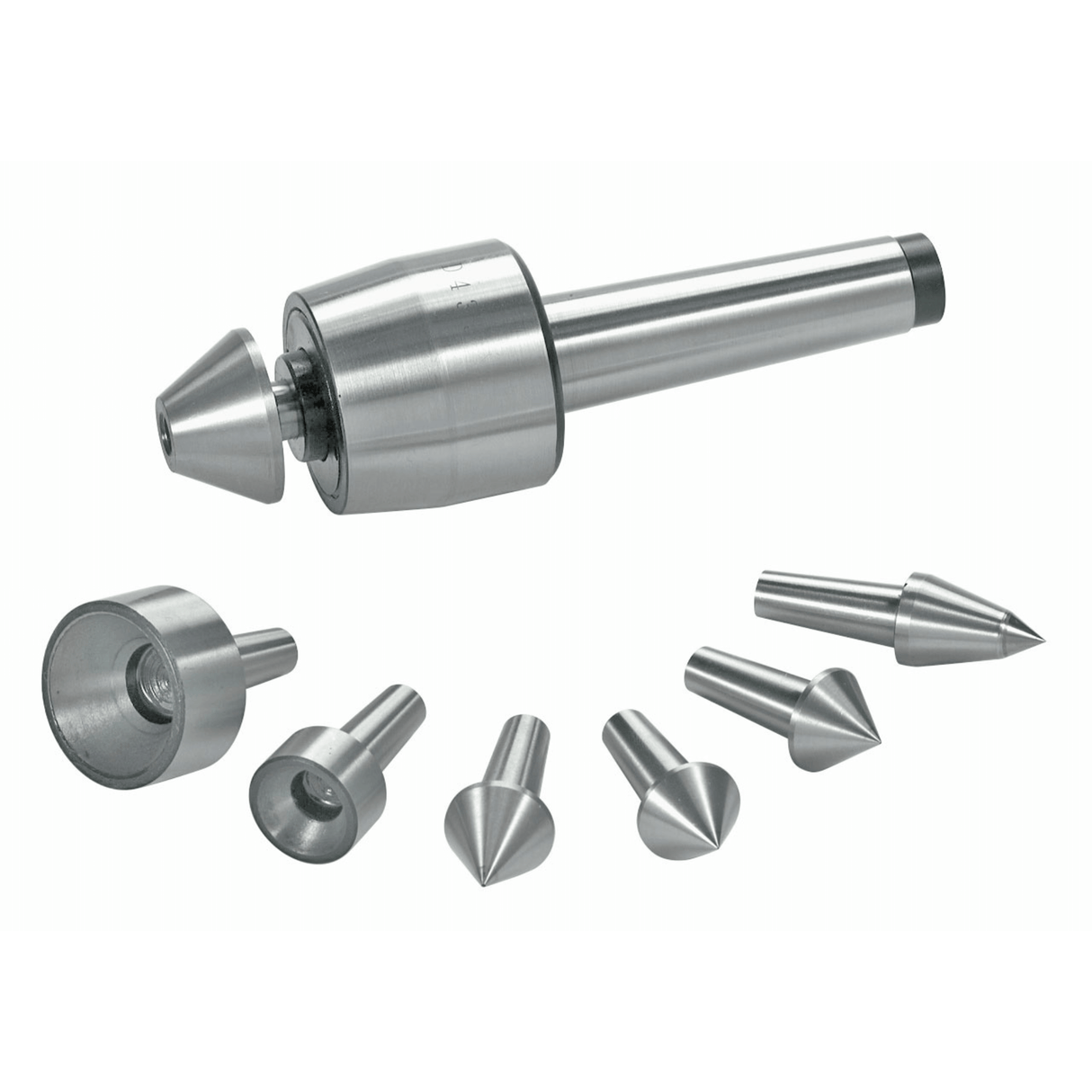 Vista completa della punta rotante montata su cono Morse MK 2, con i sette inserti di centraggio intercambiabili disposti a ventaglio. Ideale per lavori di precisione su torni.