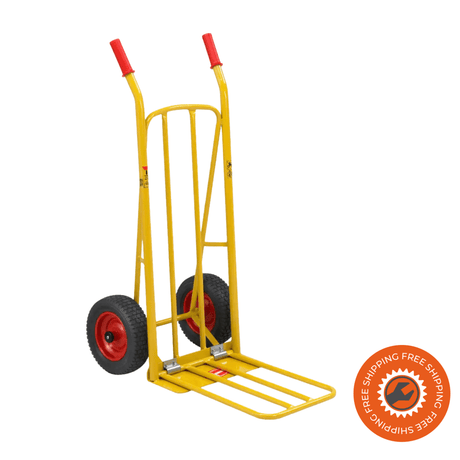 Carrello Ravendo CLM 250 PUR giallo, pieghevole, con ruote PUR anti-foratura e struttura in acciaio per carichi fino a 250 kg.