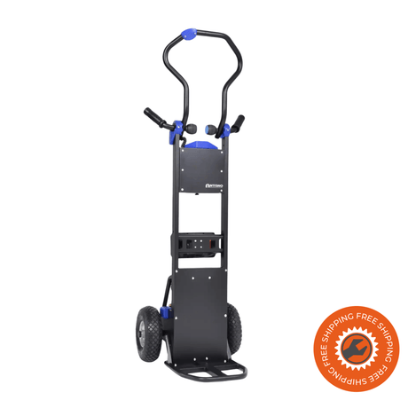 Montascale elettrico Ravendo Donkey Light 130, in acciaio nero con ruote pneumatiche ammortizzanti, batteria al litio e caricabatteria inclusi.