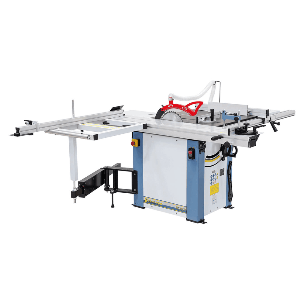 Dettaglio laterale della sega TK 315 P con lama da 315 mm e tavolo scorrevole anodizzato, progettata per tagli di precisione in laboratori artigiani.