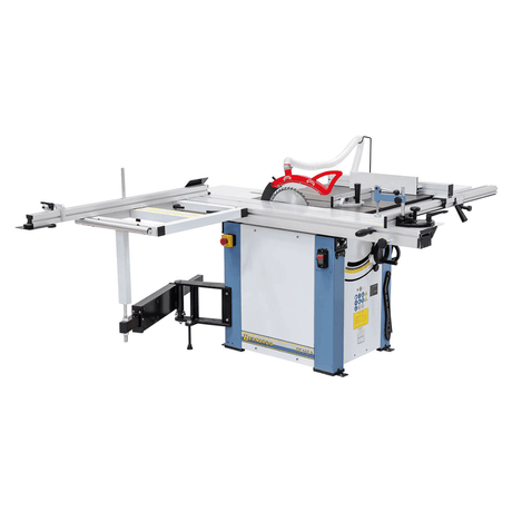Dettaglio laterale della sega TK 315 P con lama da 315 mm e tavolo scorrevole anodizzato, progettata per tagli di precisione in laboratori artigiani.