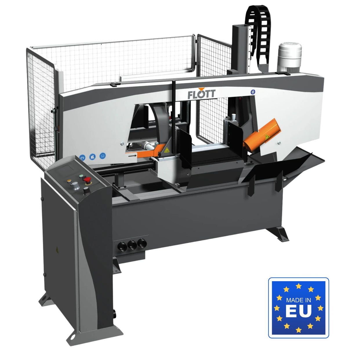 Segatrice a nastro orizzontale Flott HBS 350 SANC, automatica a 2 colonne, 3 kW, con guida lama HM, controllo digitale e trasportatore trucioli integrato.