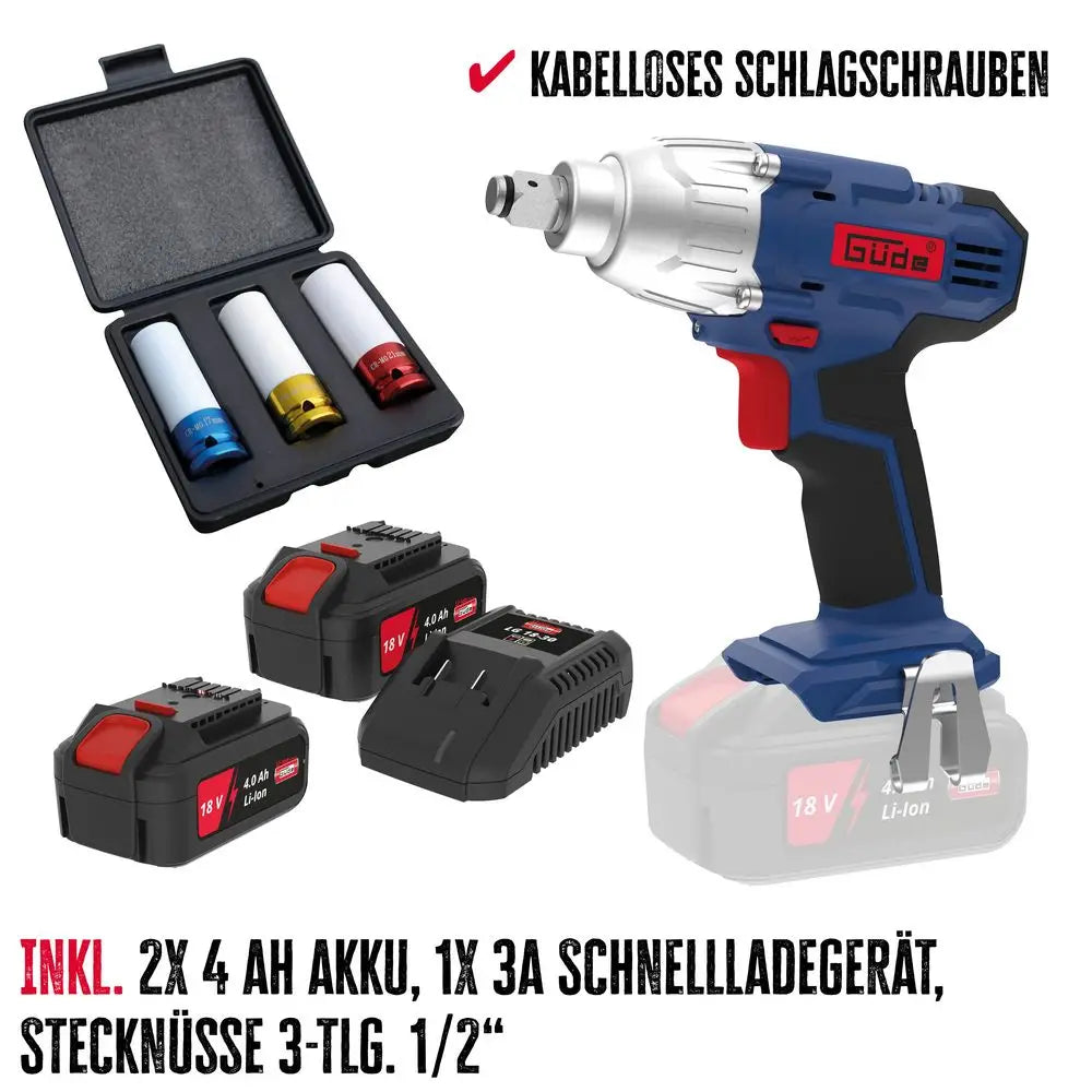 Set completo Guede BSS 18 1/2-0 con 2 batterie da 4Ah, caricabatterie rapido e 3 bussole da 1/2ā, ideale per serraggi e lavori professionali.