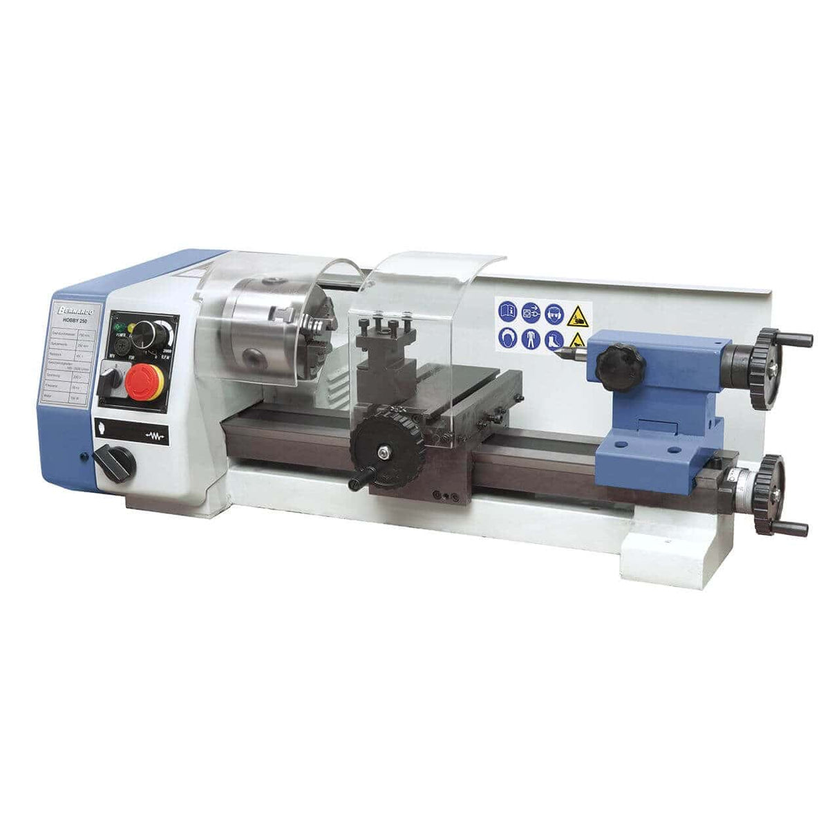 Tornio Bernardo Hobby 250 con mandrino a 3 griffe da 80 mm, compatto e ideale per lavorazioni di precisione.