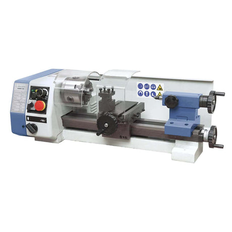 Tornio Bernardo Hobby 250 con mandrino a 3 griffe da 80 mm, compatto e ideale per lavorazioni di precisione.