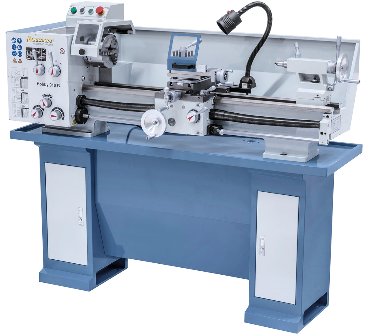 Tornio Bernardo Hobby 910 G 230 Volt con mandrino da 160 mm, basamento incluso e avanzamenti automatici per lavorazioni di precisione.