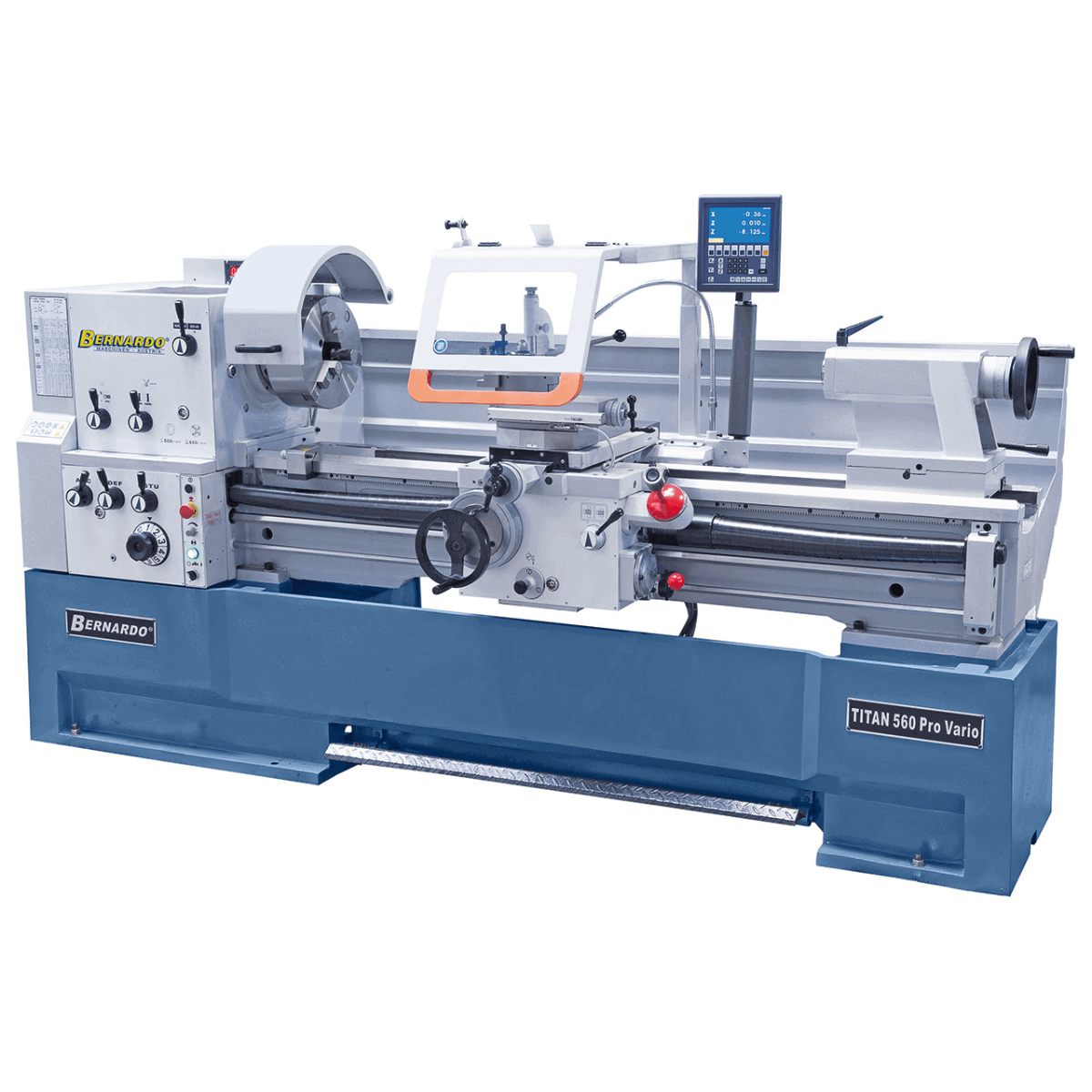 Tornio Bernardo TITAN 560 x 1500 Pro Vario con distanza tra le punte 1500 mm, foro mandrino 105 mm e motore 7,5 kW, completo di mandrino 315 mm, piatto frontale e DRO.