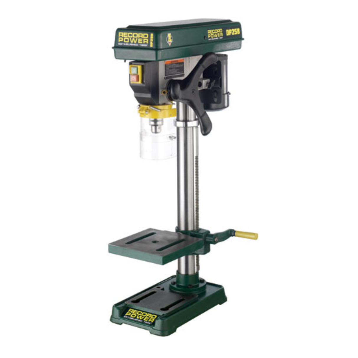 Trapano a colonna da banco Record Power DP25B con struttura in ghisa, tavolo inclinabile fino a 45° e mandrino da 13 mm, montato su base compatta per uso in laboratorio o garage.