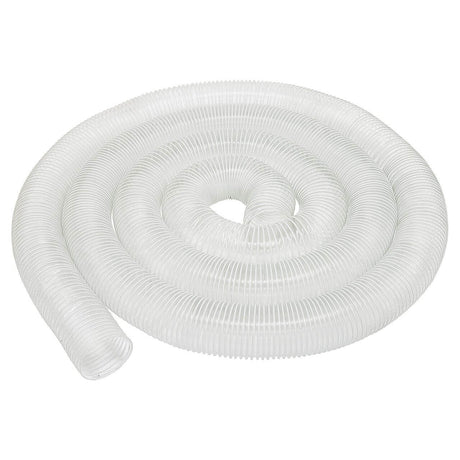 Tubo trasparente in PVC flessibile con spirale in acciaio, Ø100 mm e lunghezza 10 m, perfetto per impianti di aspirazione in falegnameria e officina.