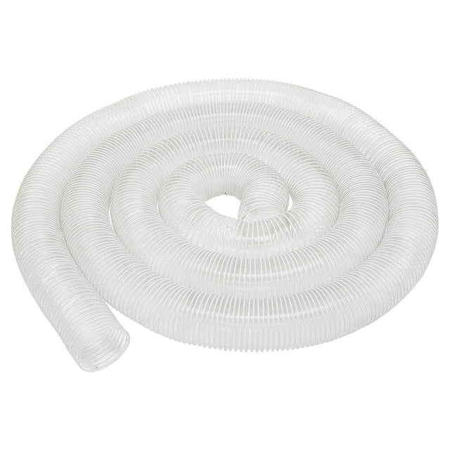 Tubo trasparente in PVC flessibile con spirale in acciaio, Ø100 mm e lunghezza 10 m, perfetto per impianti di aspirazione in falegnameria e officina.