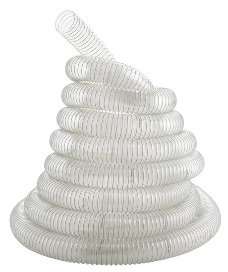 Il tubo flessibile Bernardo in PU Ø 100 mm, lungo 4 metri, trasparente con spirale in acciaio, ideale per aspirazione di polveri e trucioli fini nelle lavorazioni del legno.