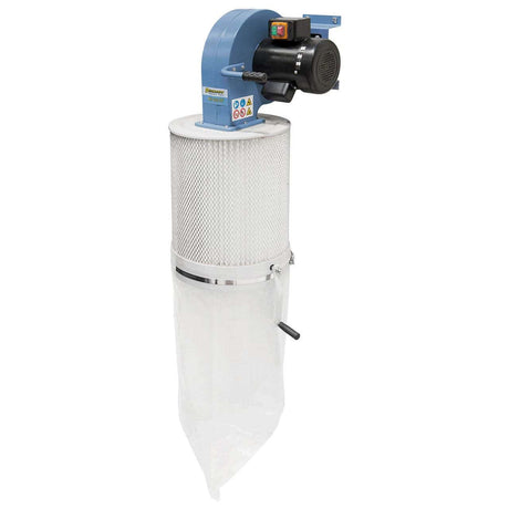 Ventilatore centrifugo Bernardo RV 203 CF 230 V con filtro a cartuccia integrato, sacco di raccolta da 85 litri e staffa per montaggio a parete, ideale per aspirazione di polveri e trucioli.