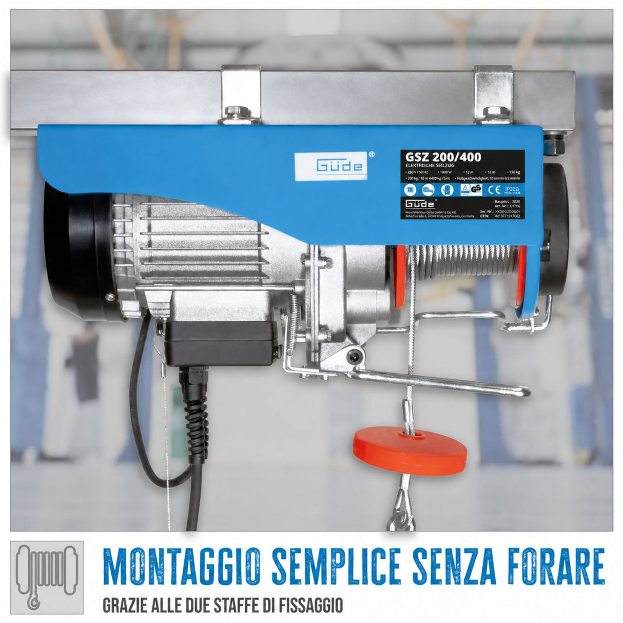 Paranco elettrico Güde GSZ 200/400 – portata 200 kg in tiro diretto o 400 kg con carrucola, fune 12 m