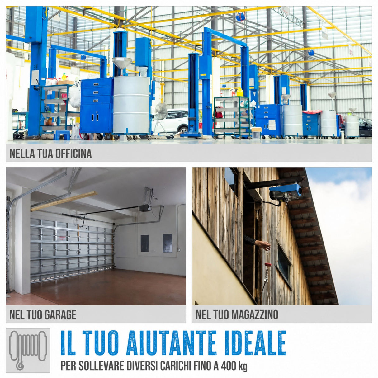 Paranco elettrico Güde GSZ 200/400 – portata 200 kg in tiro diretto o 400 kg con carrucola, fune 12 m