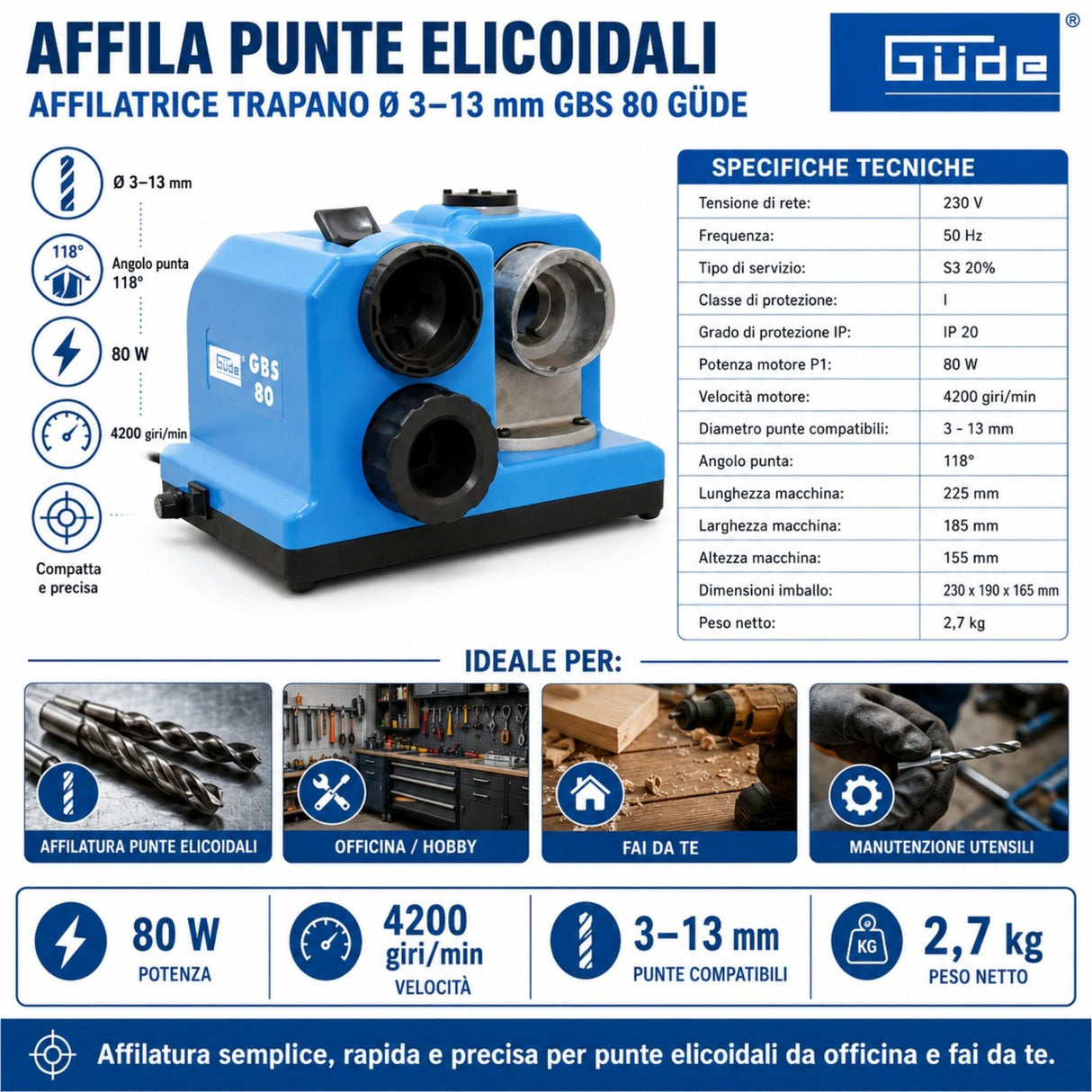 Affilatrice per punte da trapano Güde GBS 80