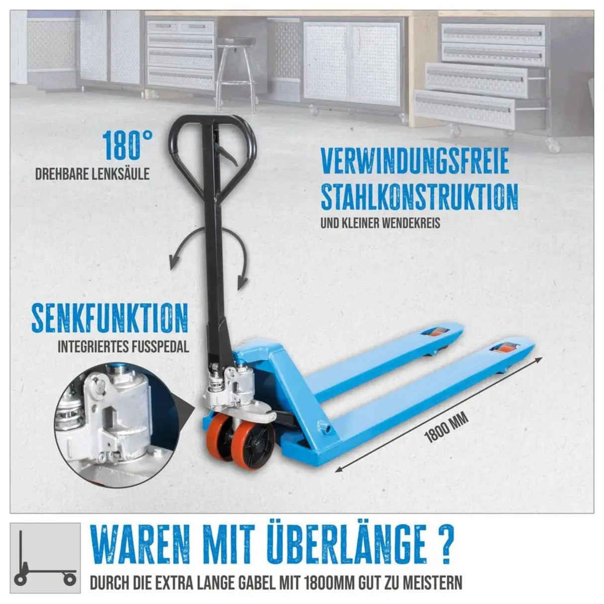 Carrello elevatore manuale Güde 2500 kg – PU (forche 1800 mm)