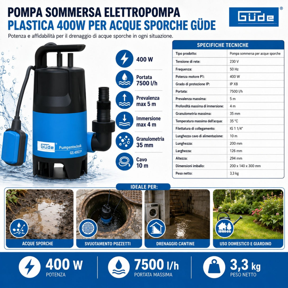 Güde Pompa sommersa per acque sporche GS 4002 P
