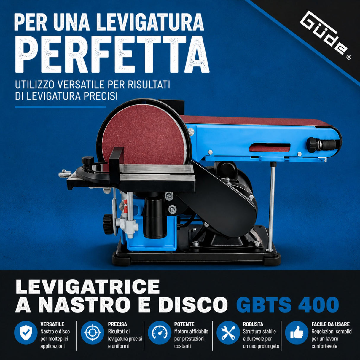 Levigatrice a nastro e disco Guede GBTS 400 – 350 W, Ø150 mm