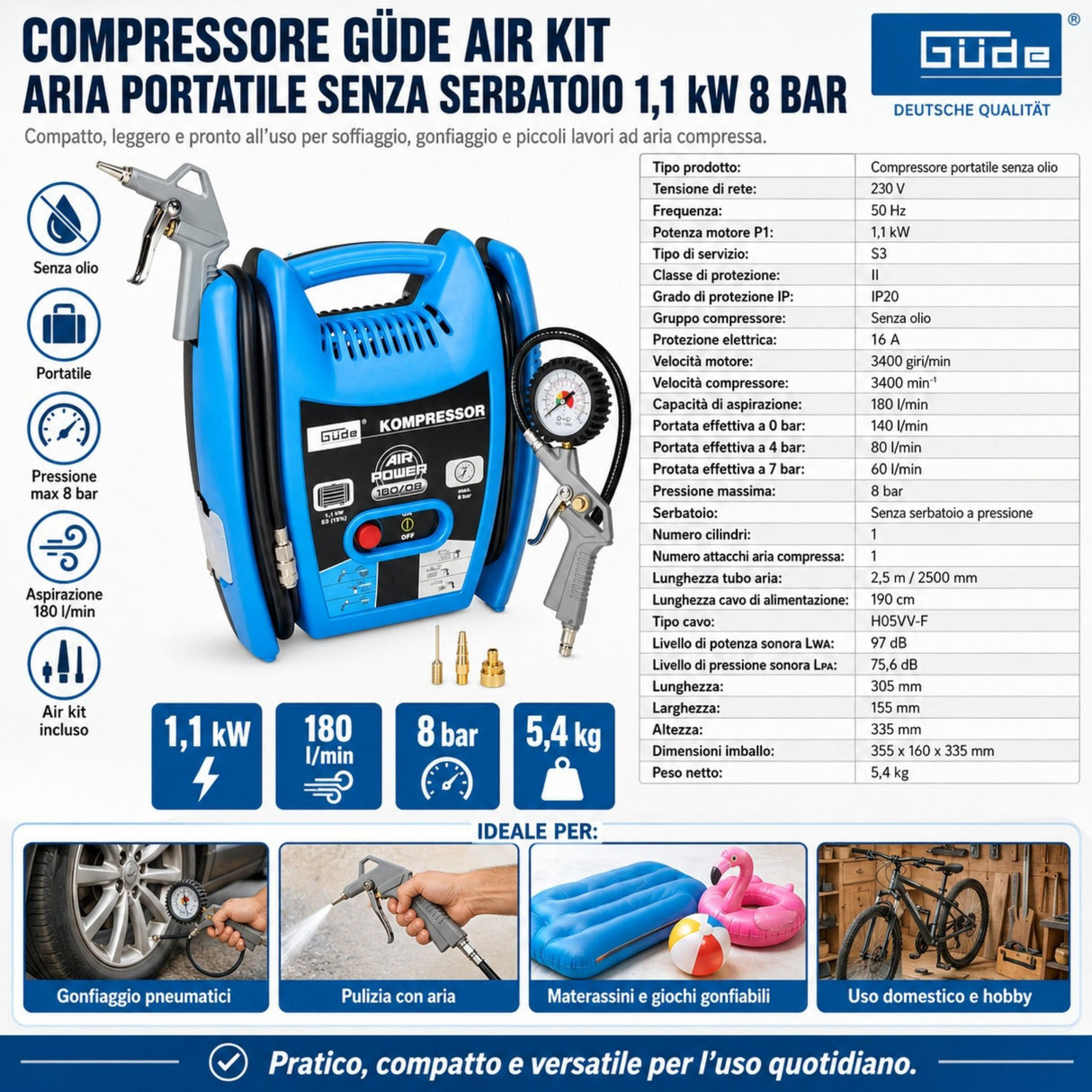 Compressore d'aria portatile Güde Airpower 180/08