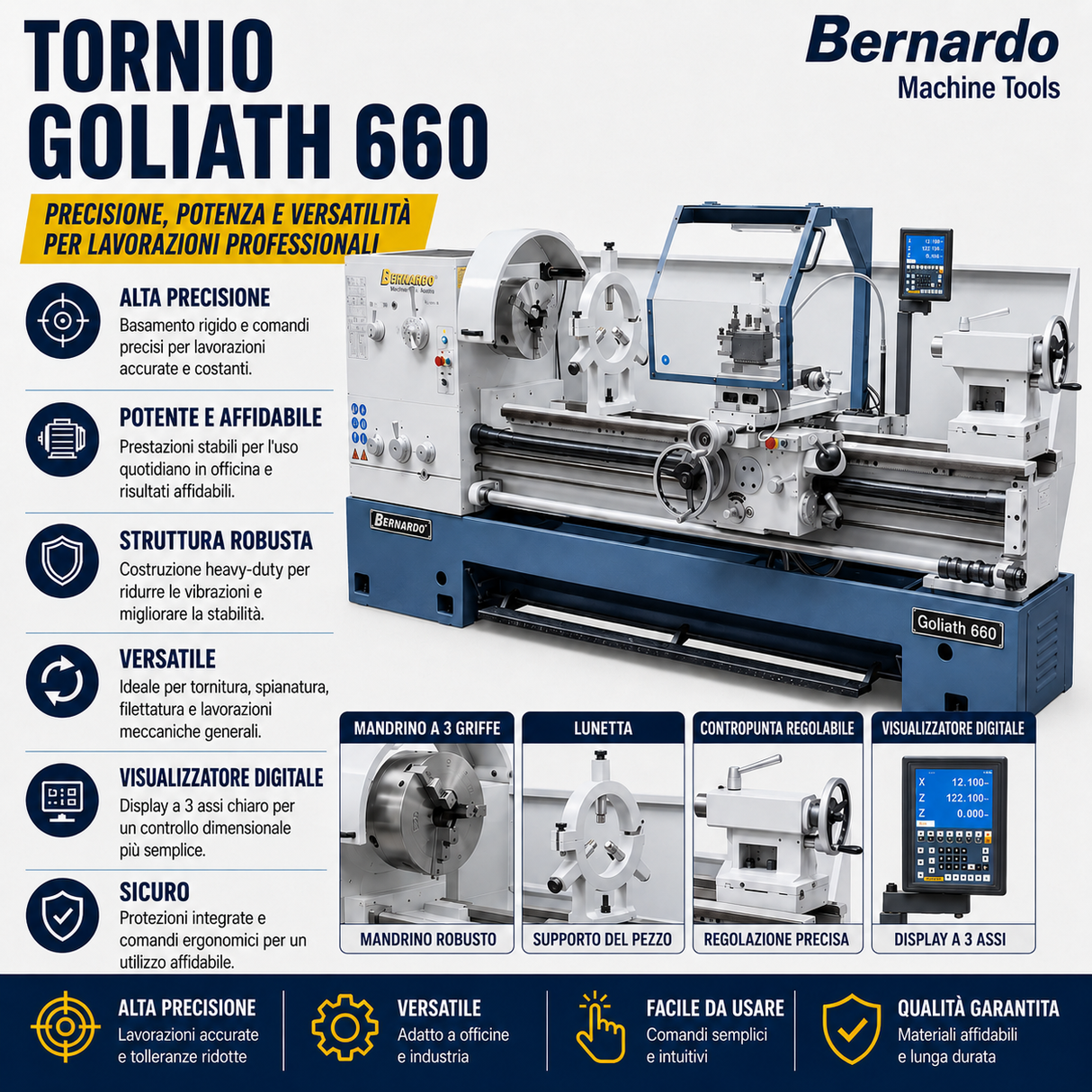Tornio per metallo Bernardo Goliath 660 x 2000 con DRO digitale 3 assi