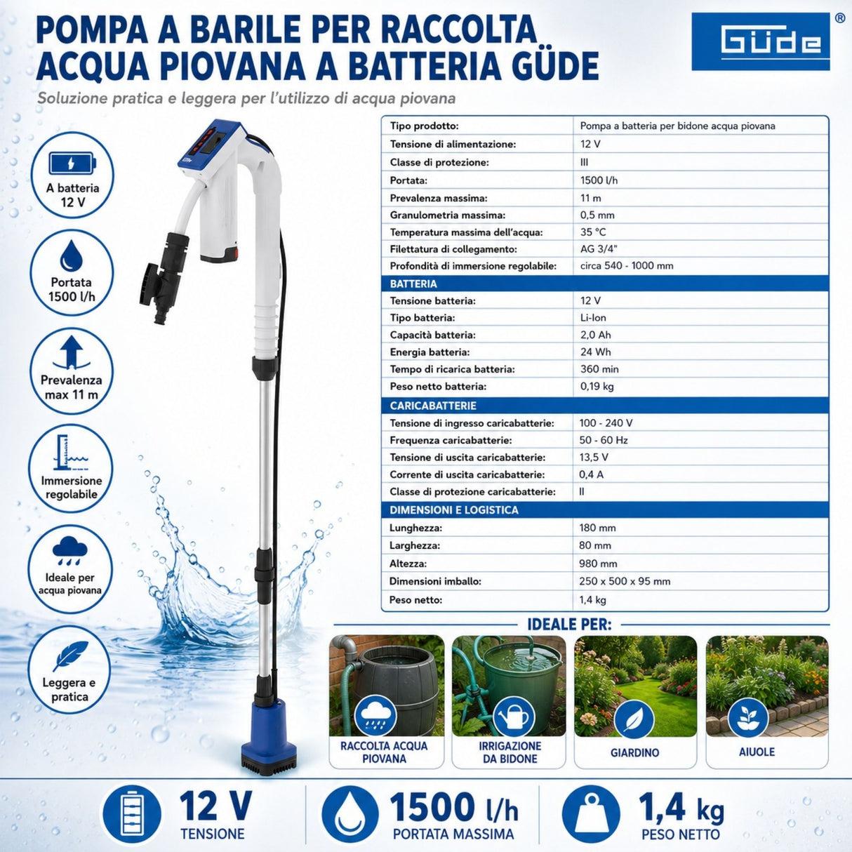 Pompa per cisterna d'acqua piovana a batteria Güde RFP 12-201-04